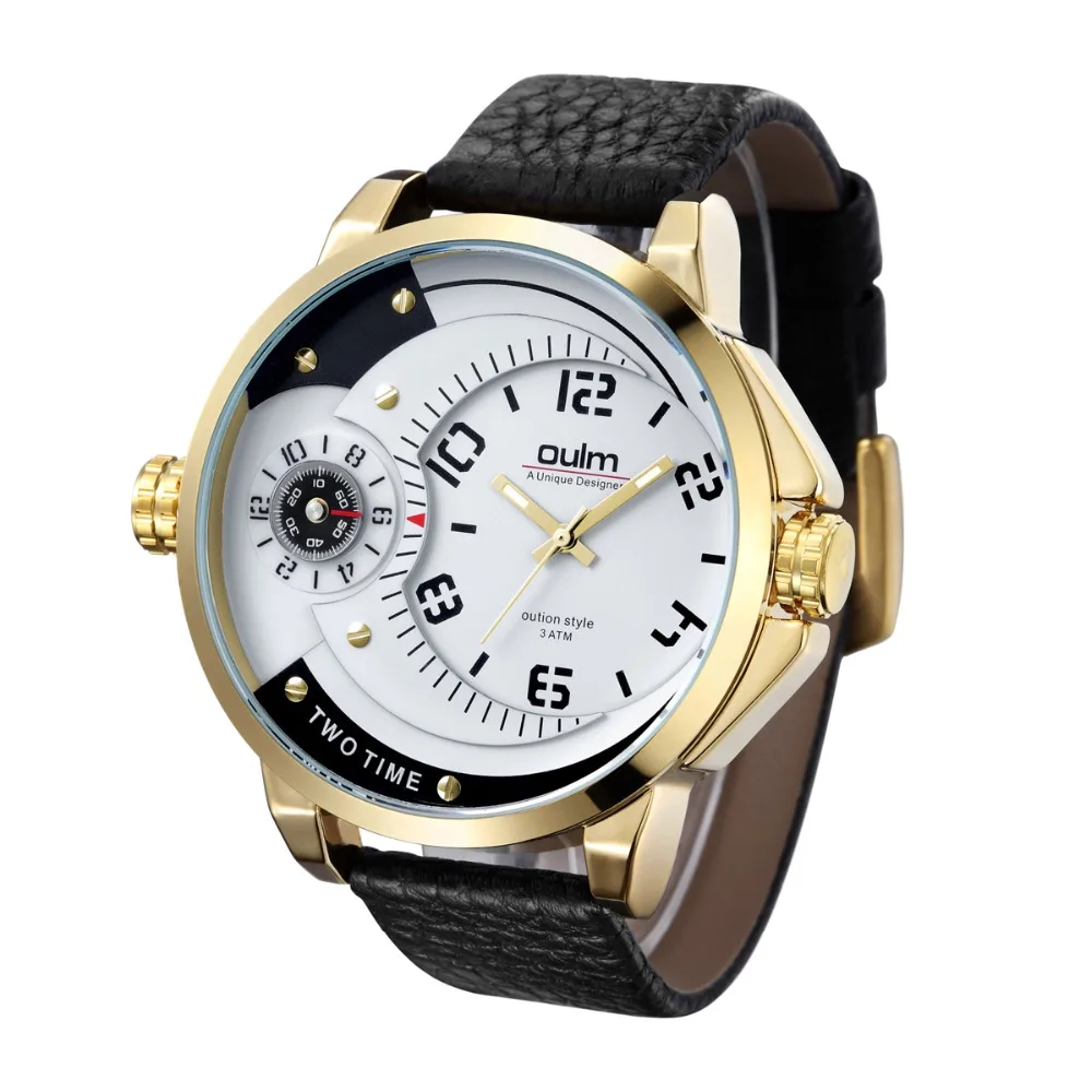 

10PCS A LOT Original Brand Classic Black Leather Strap 2 Time Zone Double Movement Oulm Military relogio masculino Mens Watch