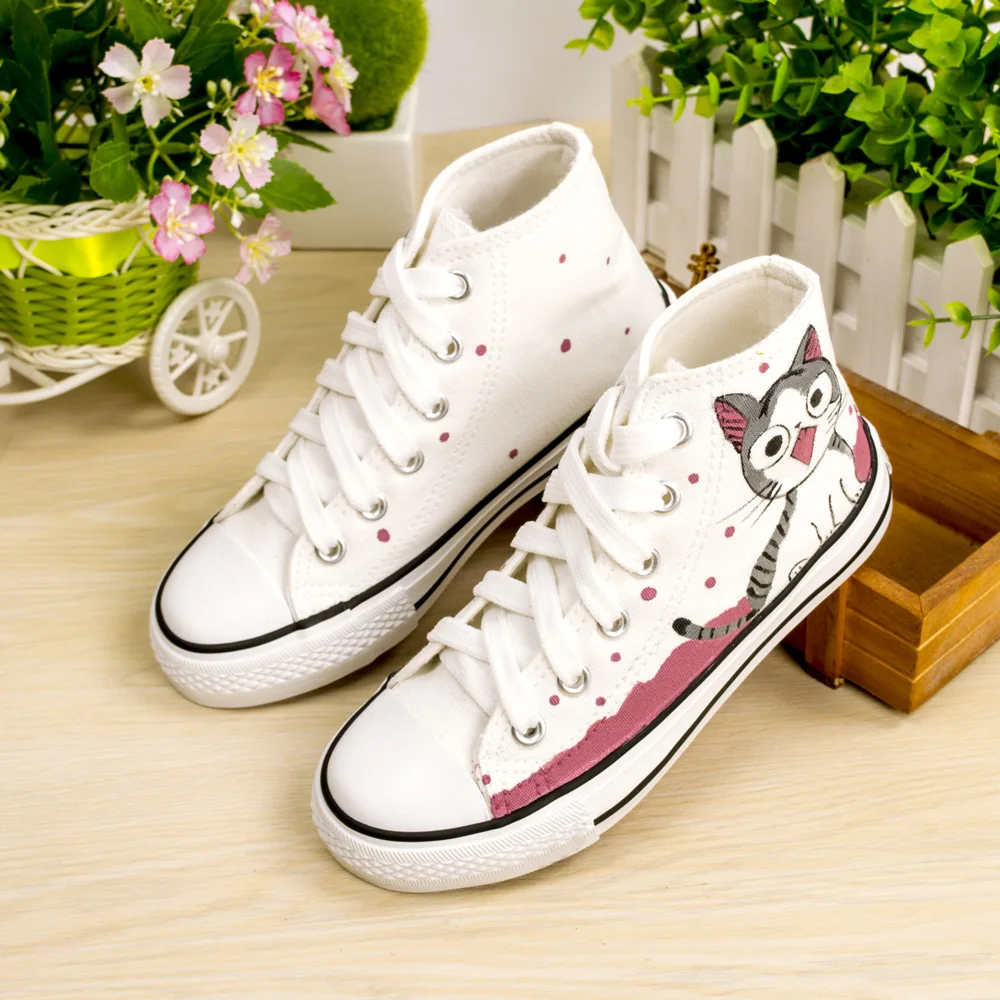 Children's Shoes Cartoon Hand-painted Cute Cat High Tie Canvas Boys and Girls Casual Students Lovers | Детская одежда и обувь