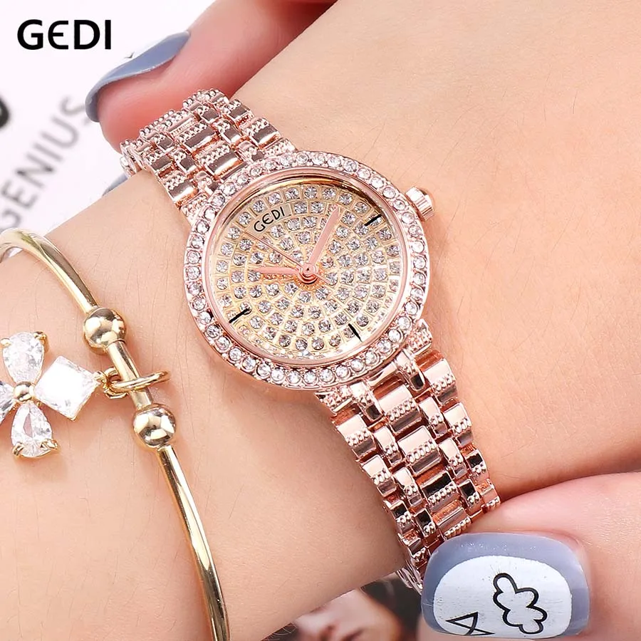 Rosegold women watch GEDI леди часы Роскошный горный хрусталь кварц Для женщин наручные часы Мода Нержавеющая сталь ремешок часы для женщин Для женщин часы платье - Цвет: Rosegold women watch