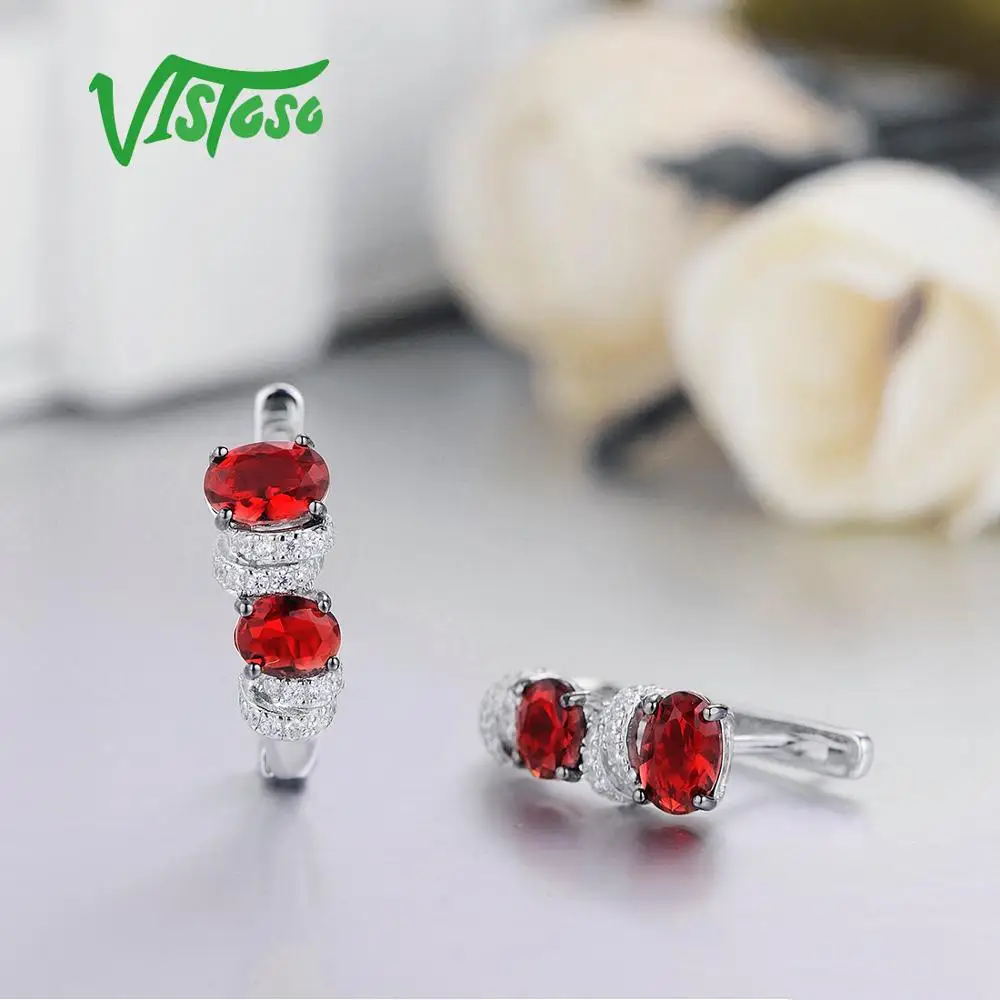VISTOSO серьги гвоздики хорошее ювелирное изделие круглый красный кристалл белый