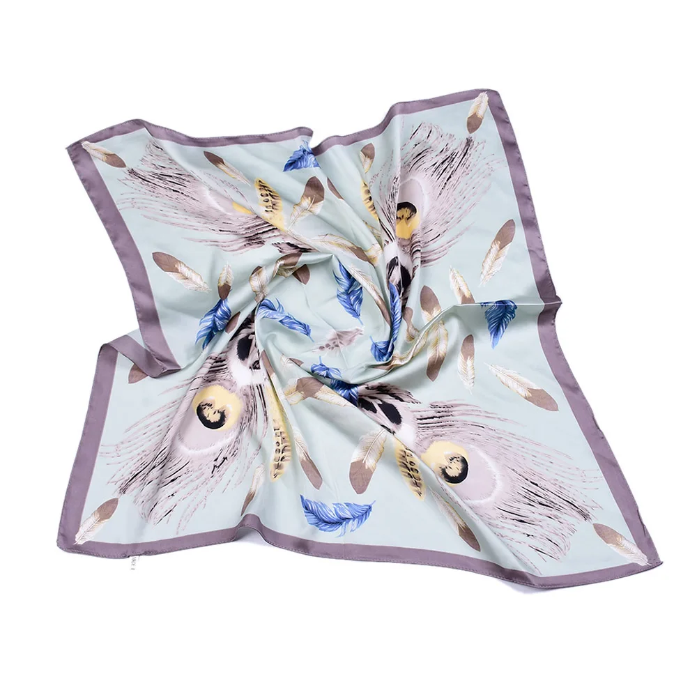 Autuam Women Square Scarf 70x70 Handkerchief feather Flower Printed silk Scarves Fashion Headbands Spring Small Bandana | Аксессуары для