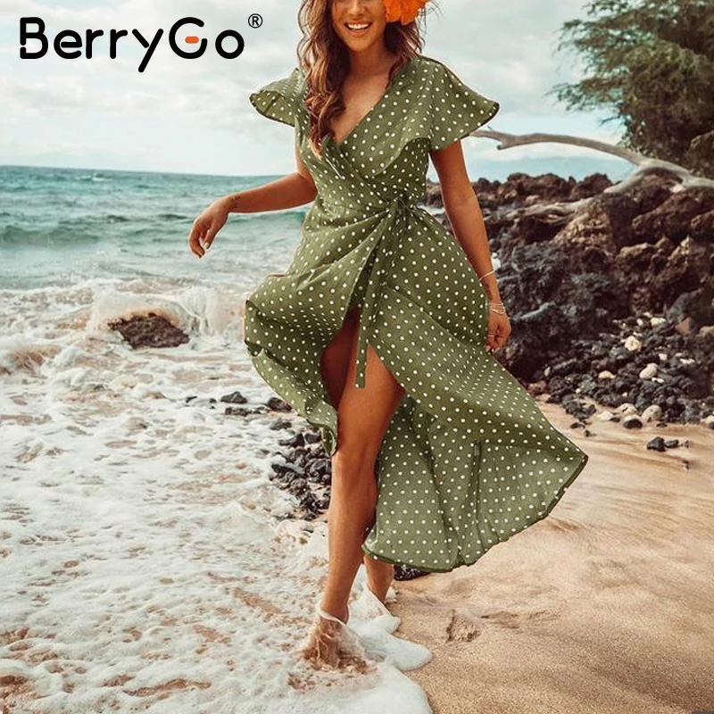 Berrygo шифоновое платье с рюшами и v образным вырезом в горошек женское пляжное