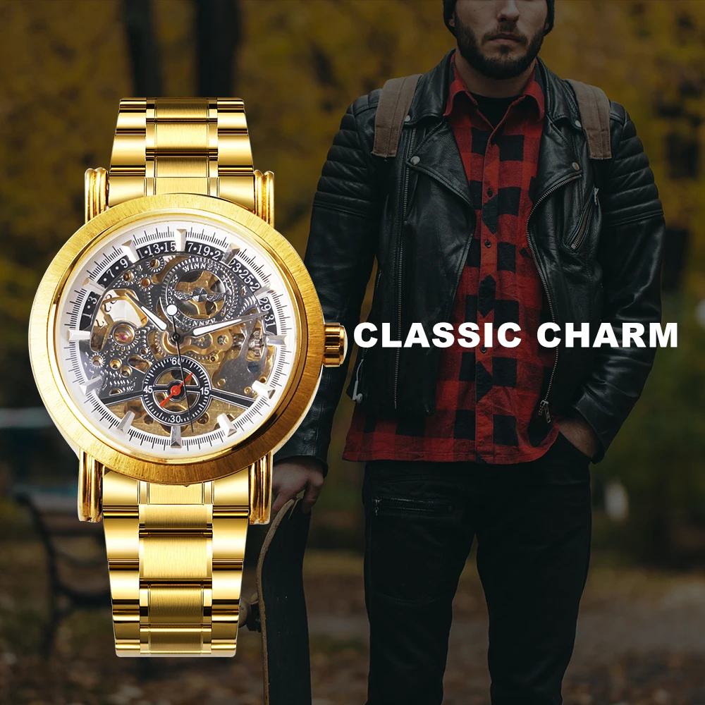 Часы наручные WINNER Мужские механические брендовые роскошные золотистые