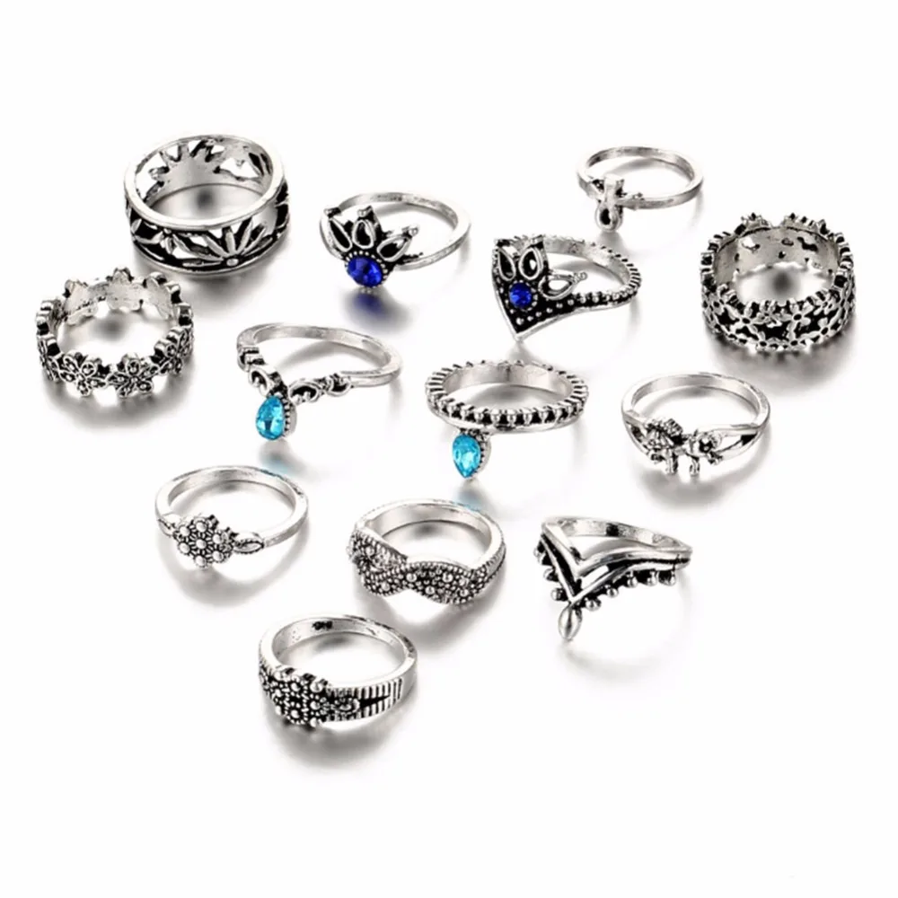 13 шт./компл. крутые женские кольца набор синие со стразами серебряный цвет колец