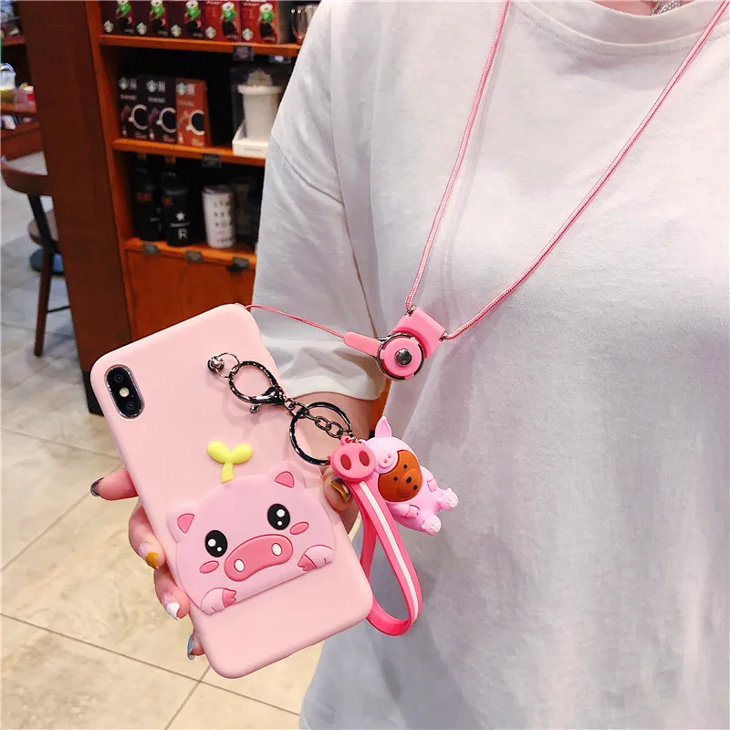 Cute Cartoon Pig Phone Case For iphone X XS Max XR 6 6s 7 8 plus Cover Funny Doll Hang Rope TPU Soft Cases Capa |