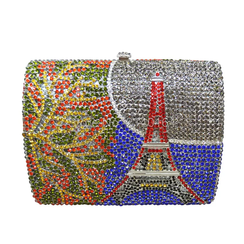 Радужная дизайнерская сумка с Эйфелевой башней украшенная кристаллами