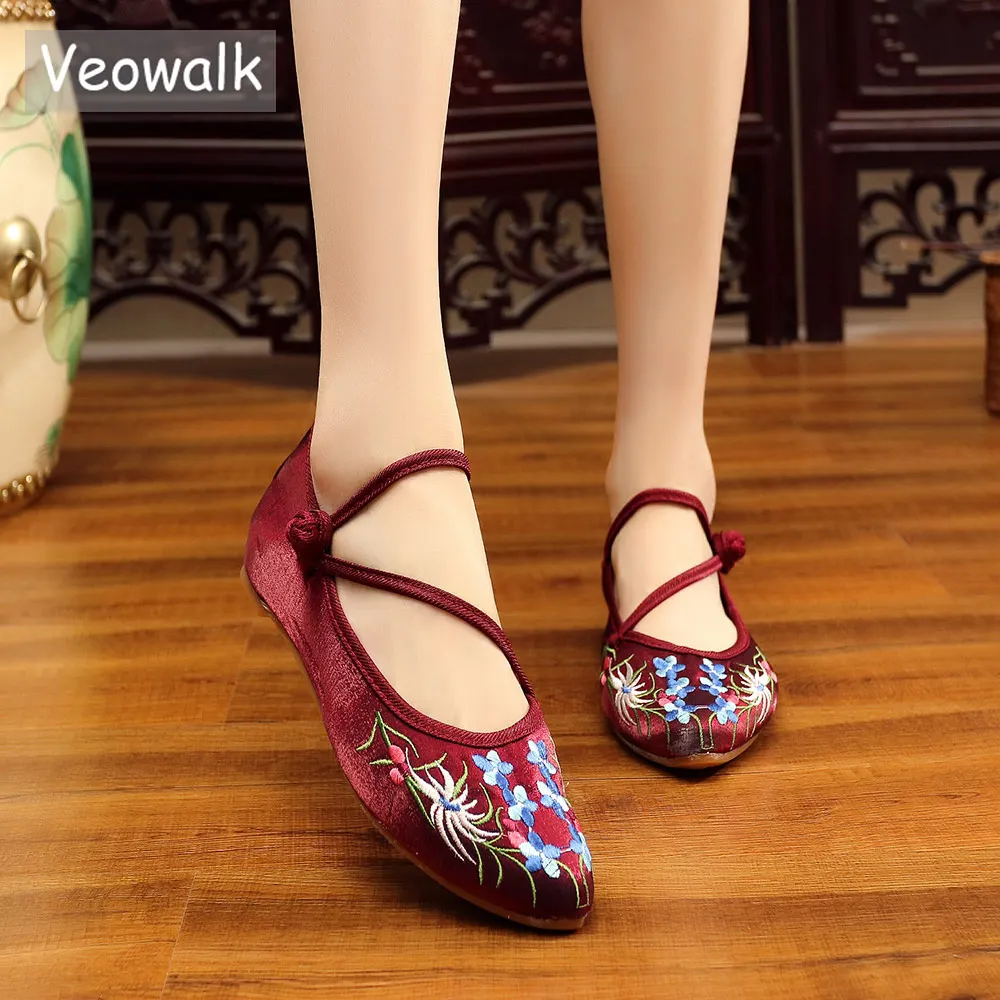 Женские балетки Veowalk из хлопчатобумажной ткани с вышивкой водорослей