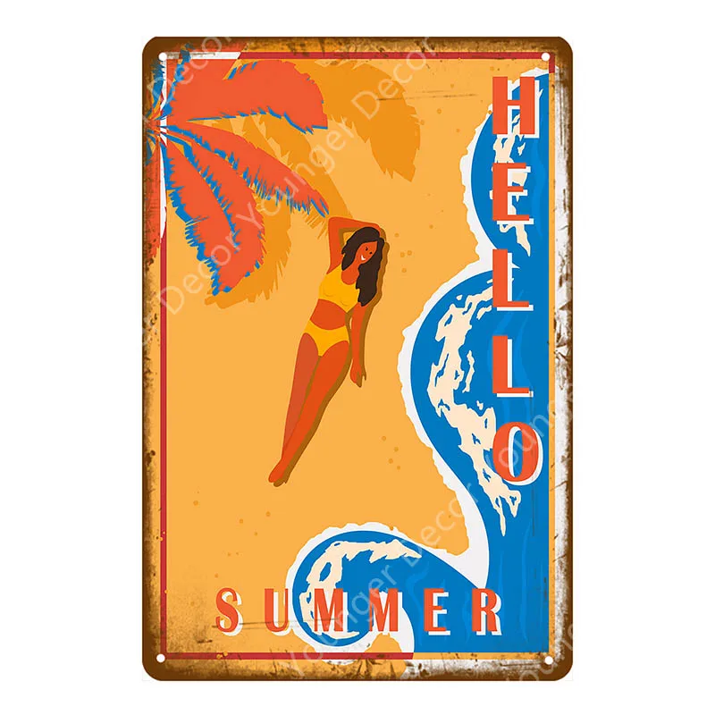 Металлические знаки Hello Summer плакат с изображением океана пляжа волн серфинга