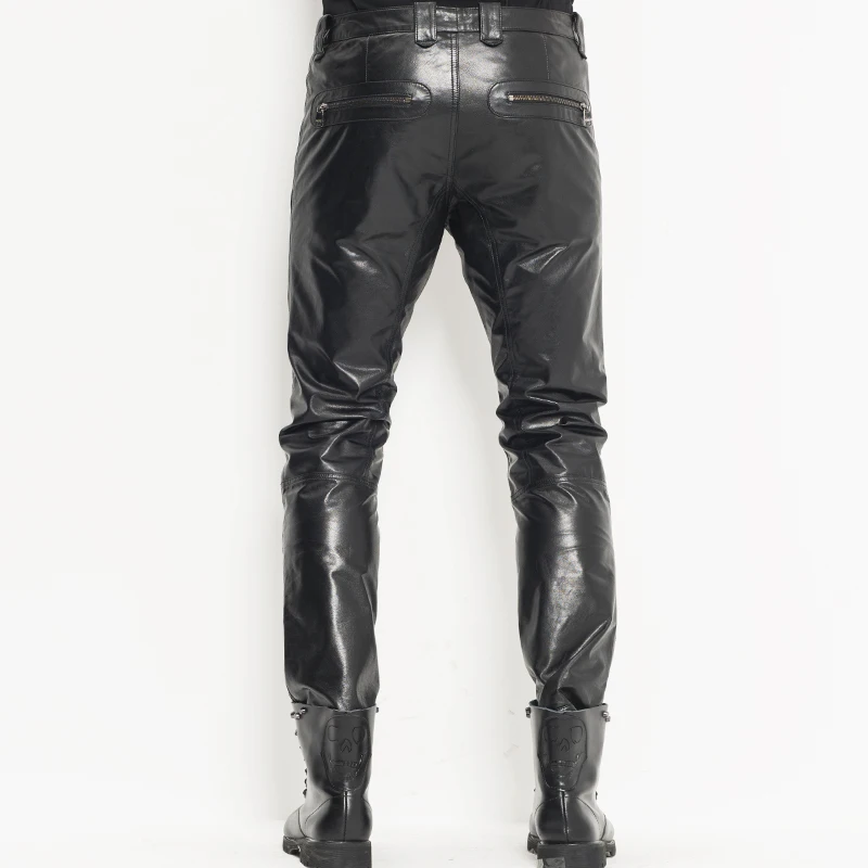 Мужские кожаные брюки байкерские в стиле панк рок тонкие из овчины WZS004|men leather