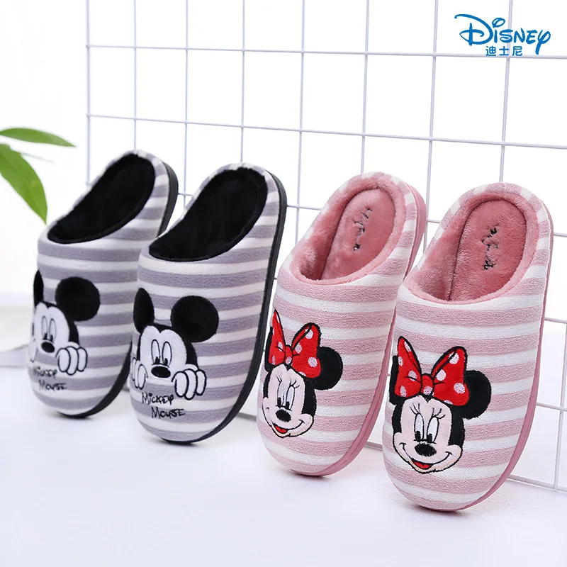 Disney/Детские хлопковые тапочки; коллекция года; зимние Нескользящие теплые домашние тапочки в полоску с рисунком для мужчин и женщин и больших детей