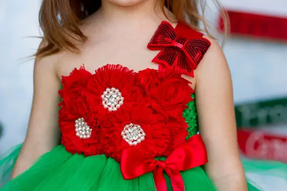 POSH DREAM Red Flower Girls Christmas Tutu Dress Green and White Weddings Pageants Photos Costume for Kids | Детская одежда и