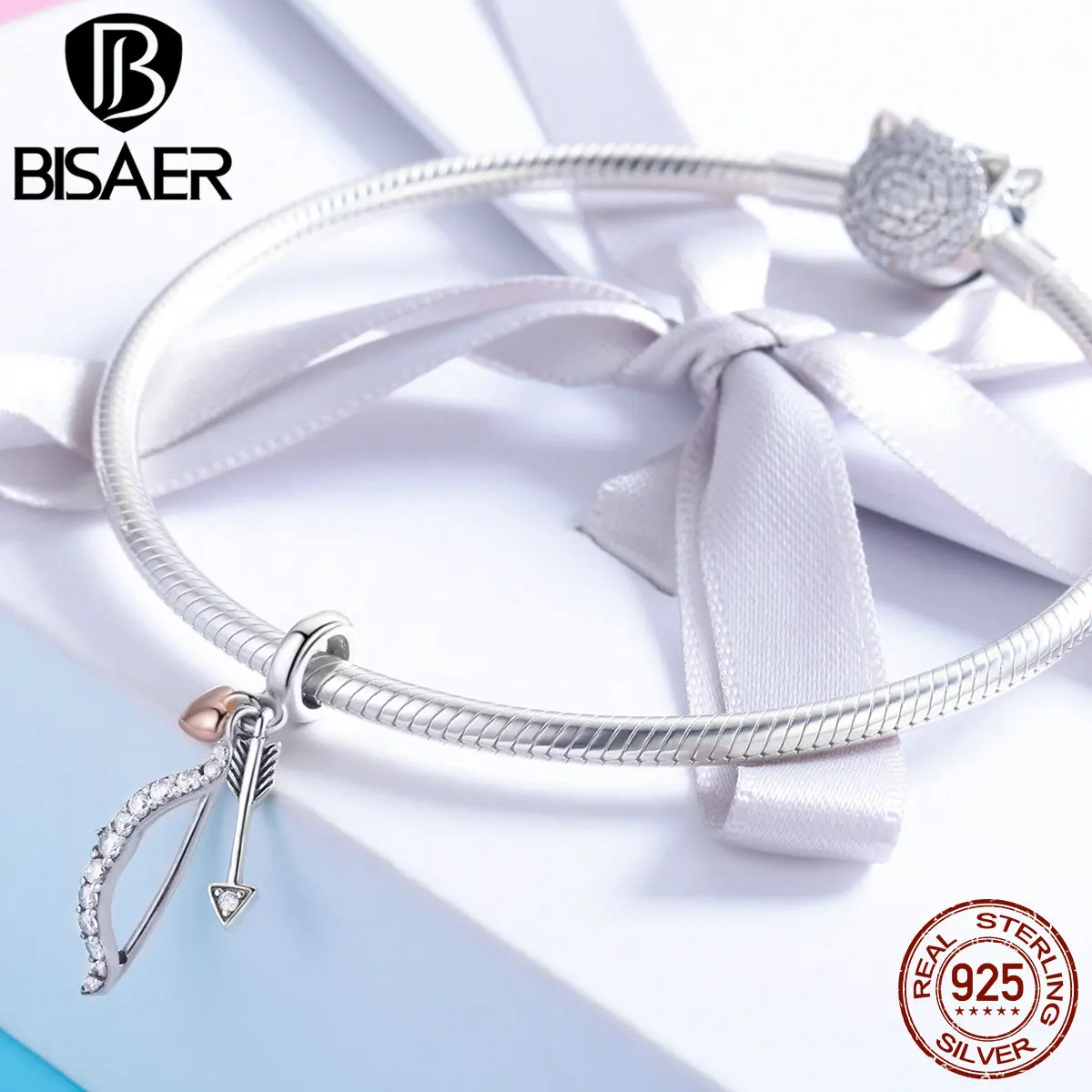 BISAER 925 пробы серебряные амулеты Амура любовь стрелы бусины подходит браслет подружки серебро 925 ювелирных изделий подарок ECC777