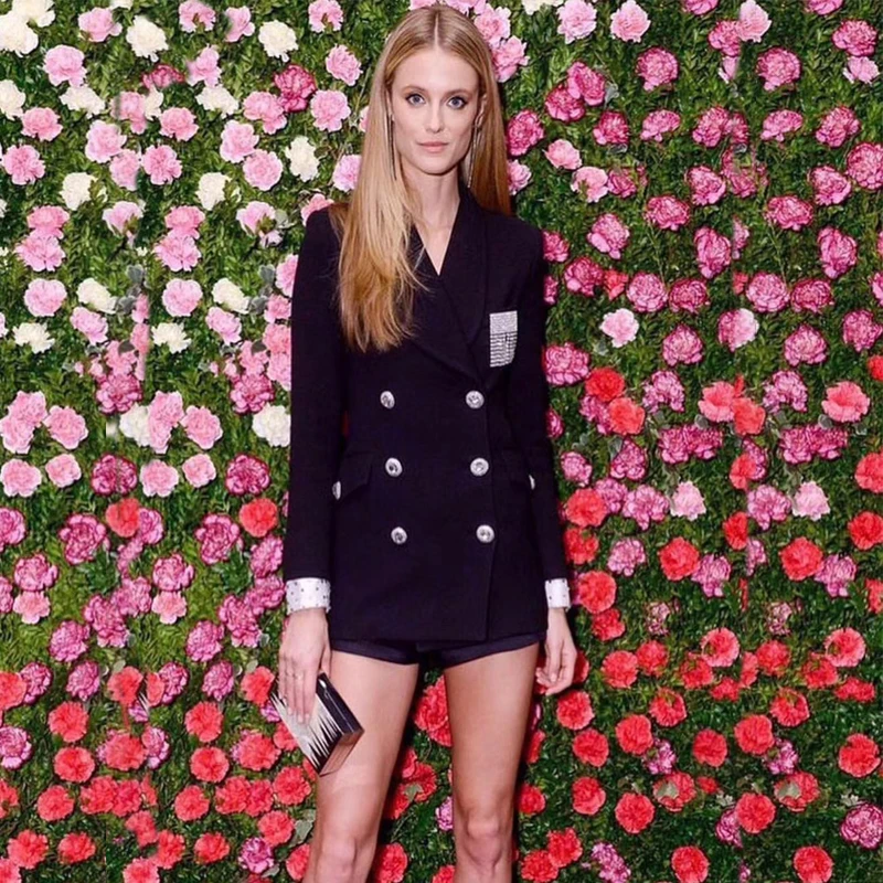 YD-EVER Autumn Women Long Sleeve Double Breasted Diamonds Button Brooch Beading Blazer Jacket Suit Runway Lapel Black Blaz | Женская