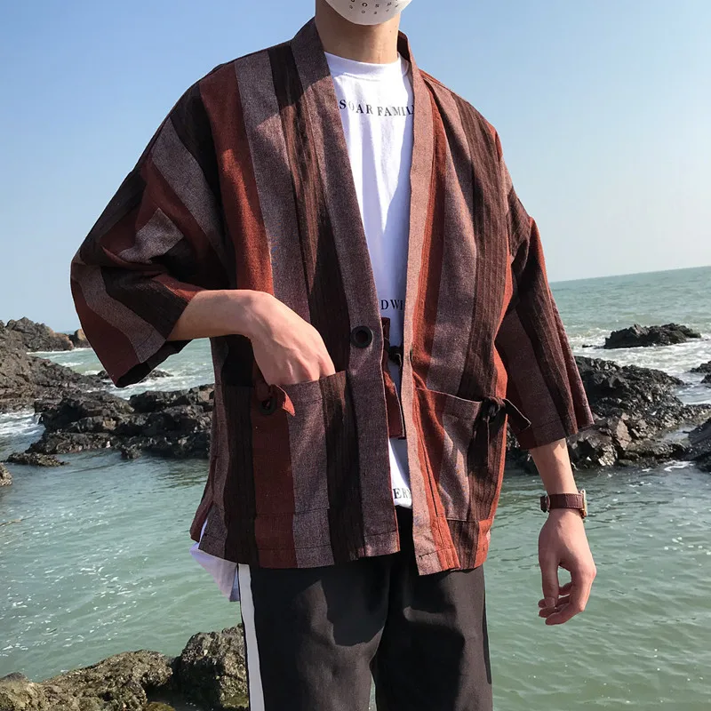 INS/рубашка в полоску кимоно топы для мужчин рукав Семь четвертей японское