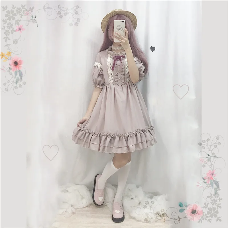 Kawaii/японское платье в стиле Лолиты; платье для женщин; мягкое платье для девочек; милое платье феи с кружевными рукавами-фонариками