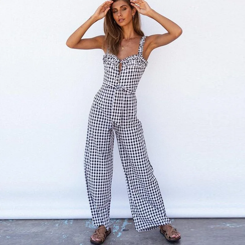

Summer New Arrival Black And White Plaid Strap Belt Slim Fashion Casual Women Junmpsuits Holiday Loose Female Bodysuits