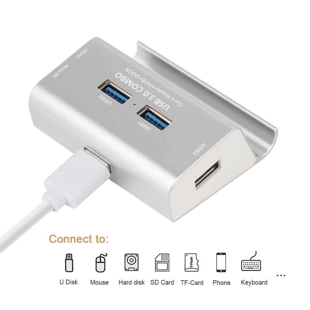 Silver 2 в 1 3 порта USB 3,0 концентратор Micro USB OTG концентратор мульти разветвитель с SD TF кард-ридером+ 1 м кабель для Macbook ПК ноутбук держатель телефона - Цвет: Silver