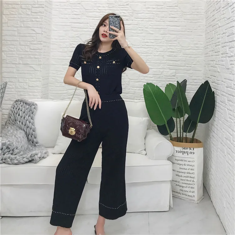 ALPHALMODA Модный трикотажный костюм из двух частей, женский летний костюм, новинка, пуловер с коротким рукавом, широкие брюки, повседневные комплекты