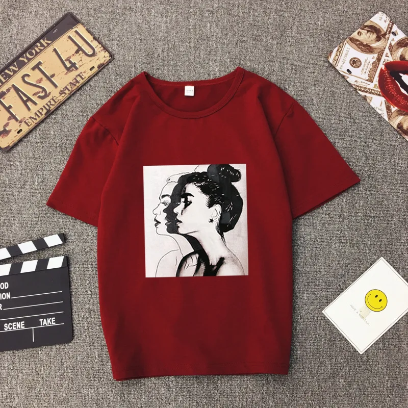 Летняя женская портретная рубашка с коротким рукавом 2019 тренд Печать Круглый