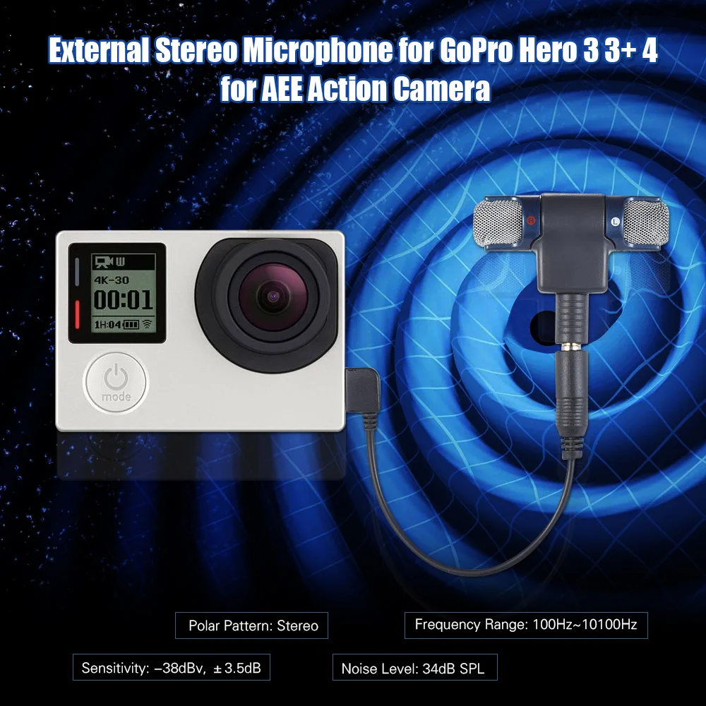 Внешний стерео микрофон с кабелем-адаптером 3 5 мм на Mini USB для GoPro Hero + 4 спортивной