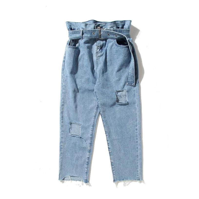 Retro High Rise Denim Pants Women Harem Capris Sash Tie Belt Ripped Holes Autumn Cuff Up Jeans IG Black Oversized Loose Trousers | Женская