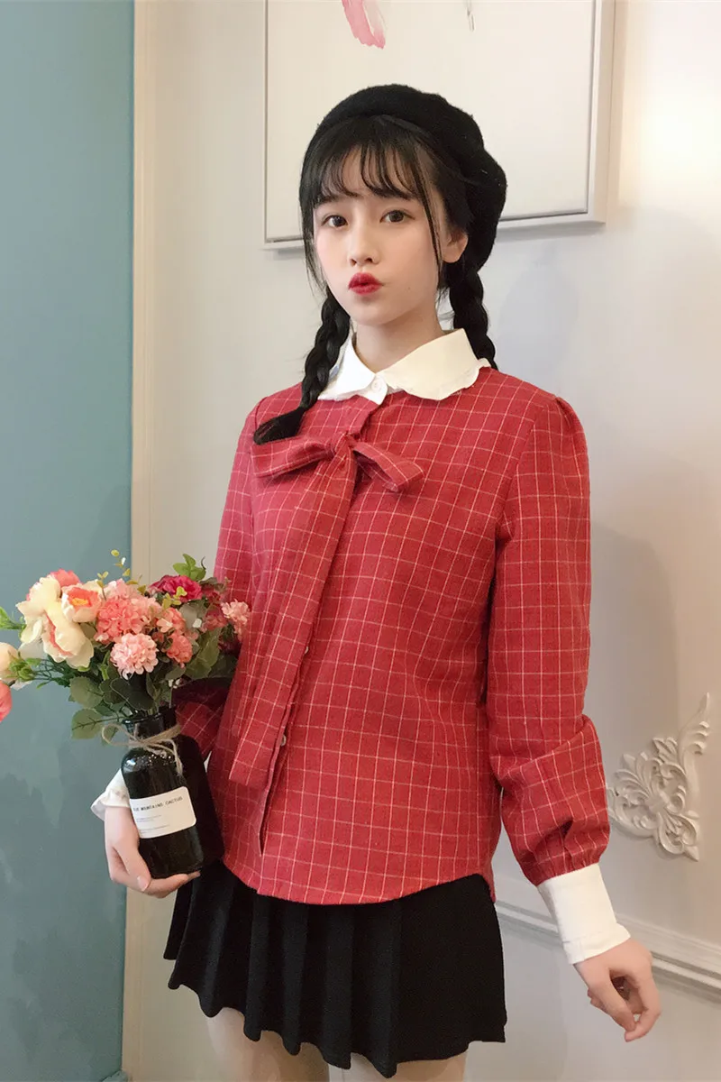 Ins/2018 новые универсальные в клетку с галстуком Питер Пэн рубашка воротником Весна