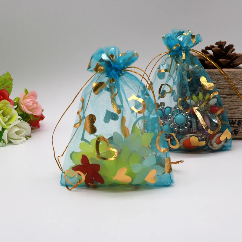 

Lake Blue Jewelry Packaging Bags 7x9cm 100pcs/lot Gold Heart Printed Drawstring Organza Bags Cheap Candy Gifts Storage Pouches