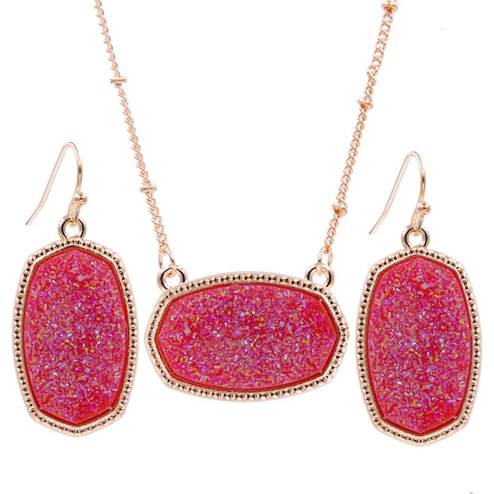 Осень YJX розовое золото цвет мини переливающийся Drusy Овальный кулон ожерелья с серьгами ювелирный набор блеск бутик - Окраска металла: Red