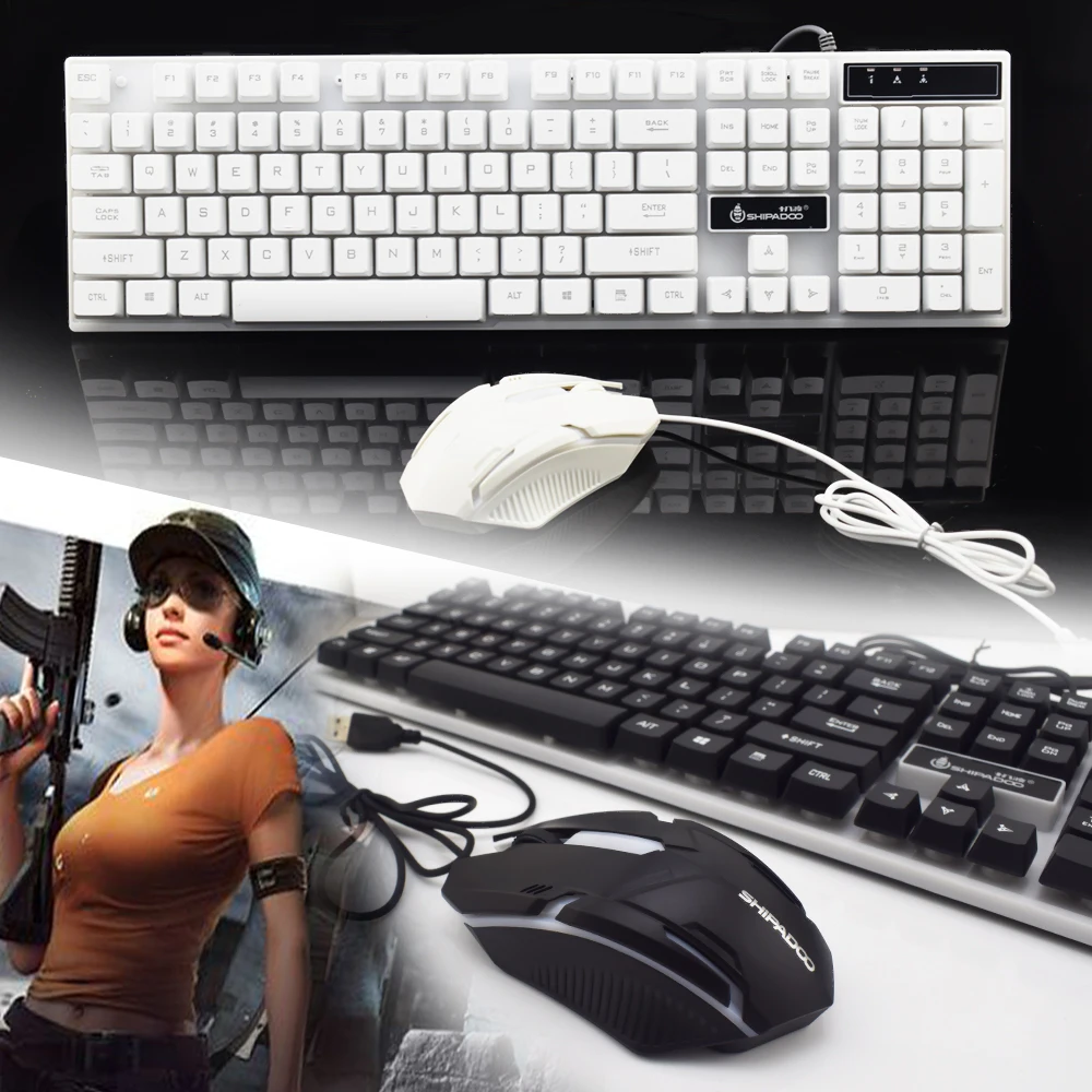Игровая клавиатура USB Проводная клавиатура мышь набор для ПК ноутбука Подсветка геймерская клавиатура с русской испанской французской клавиатурой наклейка