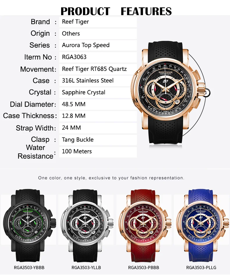 Reef Tiger/RT Брендовые спортивные часы для мужчин Хронограф Дата 316L сталь, резина Кварцевые водонепроницаемые часы Relogio Masculino+ коробка RGA3063