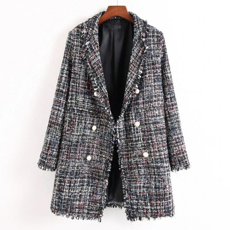 

3D Pearls Buttons Tassels Blazer Woman Suits OL Beading Jackets Loose Plaid Tweed Long Cardigan Lattice Fringed Trench Coat Tops