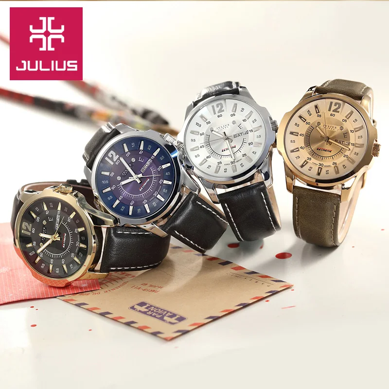 Часы наручные Julius мужские в стиле ретро изящные модные спортивные с кожаным