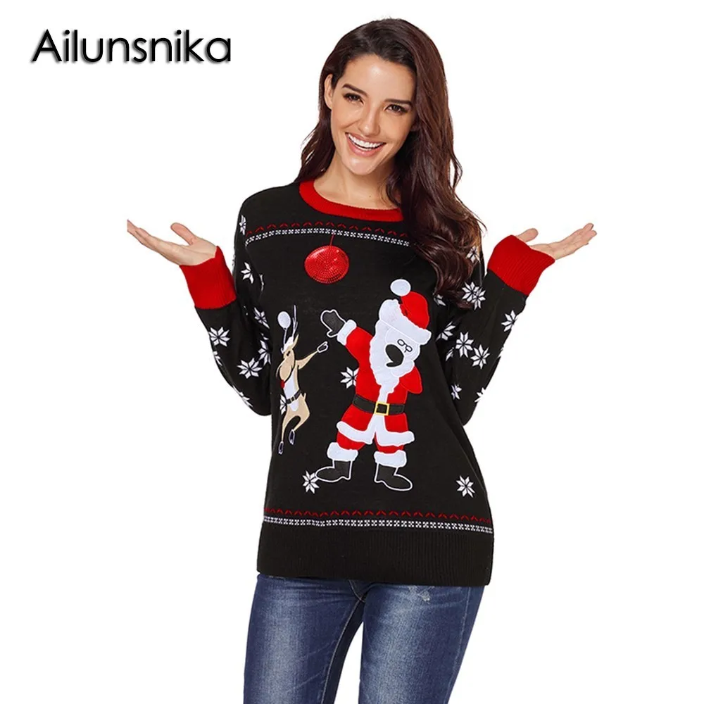 Ailunsnika 2018 Women Casual Black O-Neck Full Sleeve Reindeer Snowflakes Santa Sweater For Christmas Day Size S-XXL DL27823 | Женская
