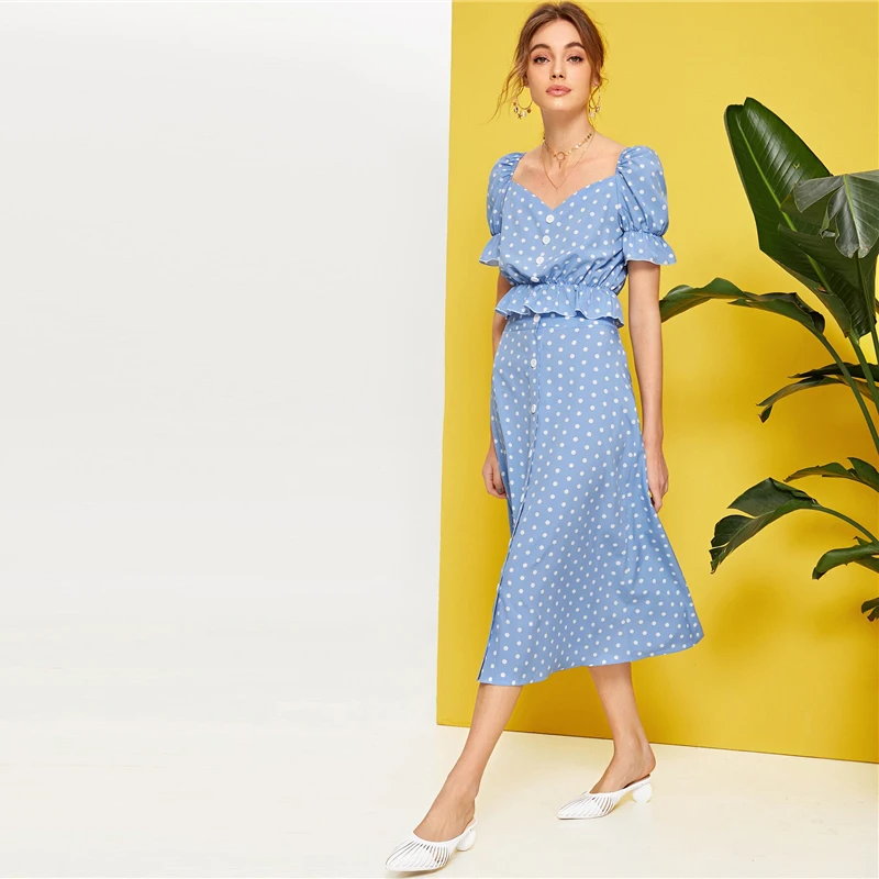SHEIN топ с баской и юбкой в горошек, на пуговицах спереди, с рюшами, весна-лето, с пышными рукавами, синий милый женский комплект из двух предметов