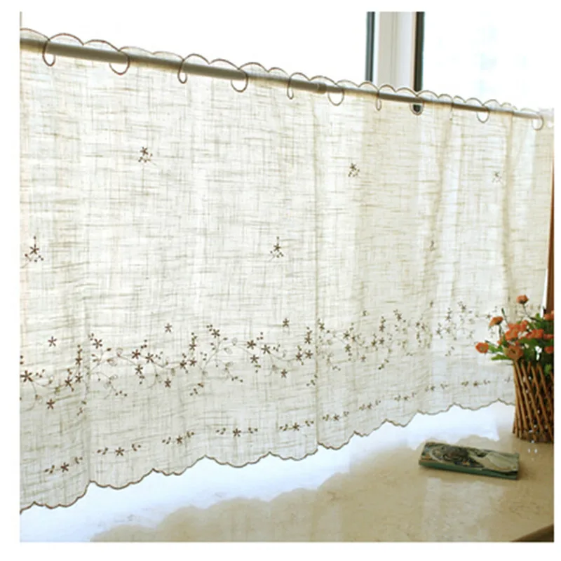 Занавеска кофейная из хлопка и льна в американском стиле с цветочной вышивкой