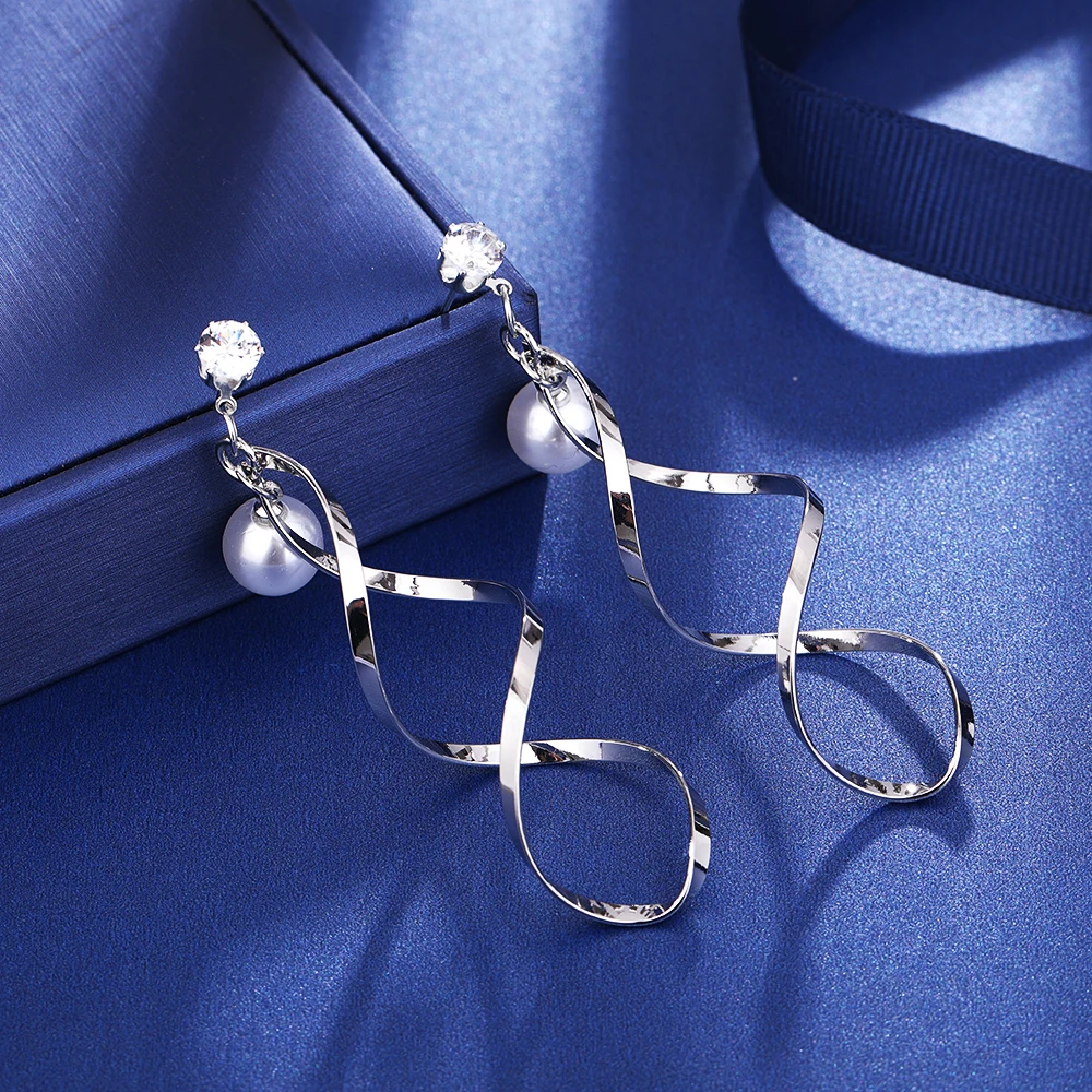 HanCheng Новые висячие спиральные Серебряные длинные серьги жемчуг/горный хрусталь