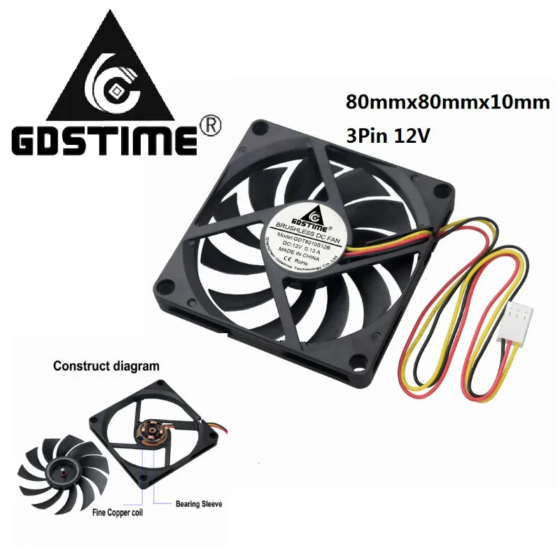 1 Pcs Gdstime 80x80x10mm DC 12V 3Pin Computer Case Motor Cooler Brushless Cooling fan 80mm x 10mm 8010