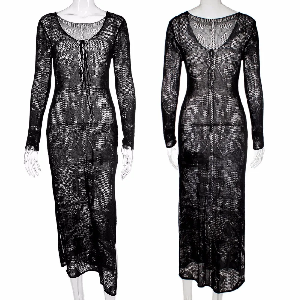 Sexy Swimwear Beach Cover Up Knitting Straps Long Sleeves Rash Guard Beach Kaftan Wrap Dress Robe De Plage Saida De Praia