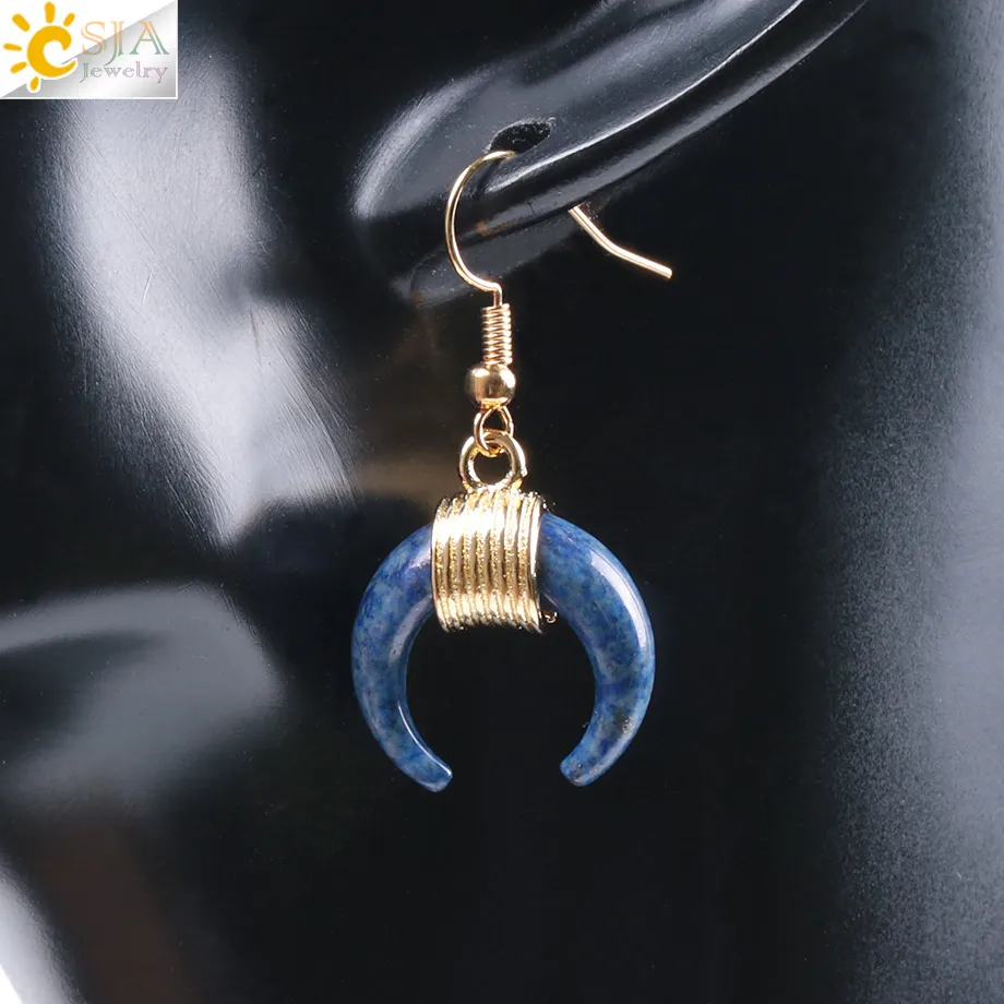 Lapis Lazuli CSJA натуральный камень полумесяц половина серьга в форме Луны золотой цвет проволоки завернутый фиолетовый розовый с кварцевым тигровым глазом DIY ювелирные изделия ручной работы F062 - Окраска металла: Lapis Lazuli