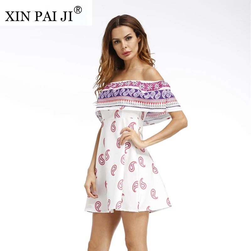 XIN PAI JI New 2017 Vintage Printed Beach Summer Dress Women Slash neck Casual Zipper Off Shoulder A Line Mini | Женская одежда