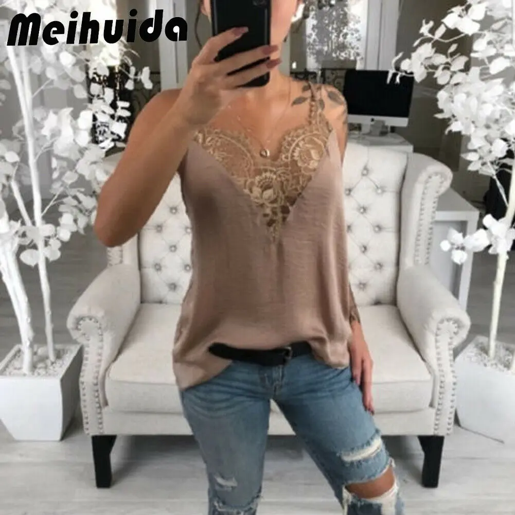 

Women Lace Tank Tops Sleeveless Loose Camisole Casual V-Neck Tank Tops Ladies Sexy Summer Strappy Camisole Top