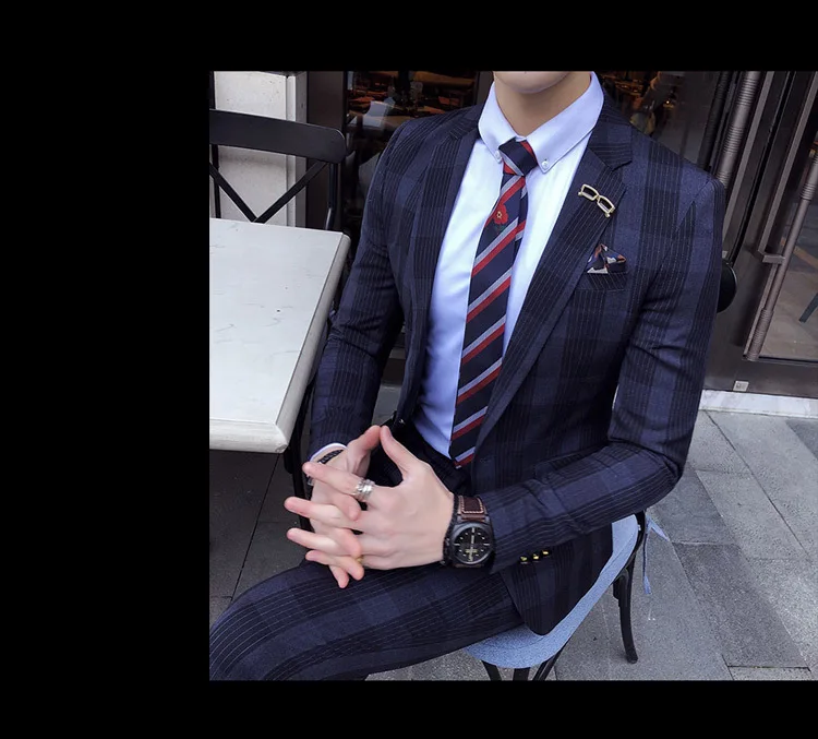 Мужской большой клетчатый костюм, костюм до щиколотки, Homme Mariage Cofee, в синюю полоску, в клетку, элегантный Trajes De Hombre Novio, клетчатый костюм для мужчин