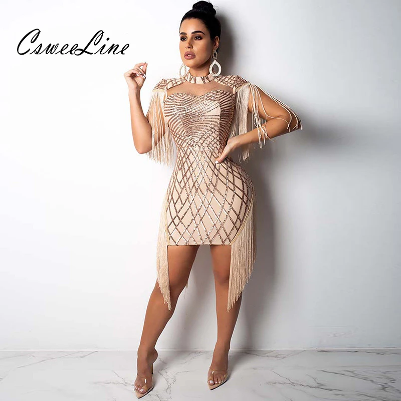 fashion fringe gold sequin dress party crisscross patterns women sexy dresses luxury runway hollow out night club outfits | Женская