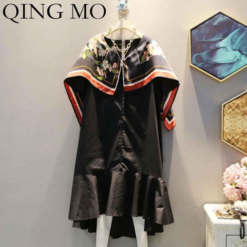 QING MO женское платье с цветочным принтом больших размеров черно-белое коротким