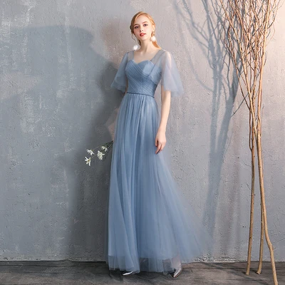 SSYfashion кружево до тюль в пол длинные голубое платье подружки невесты элегантное платье для женщин для Свадебная вечеринка на заказ плюс размеры платье - Цвет: blue