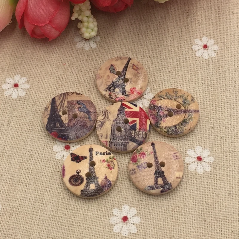 Ретро принт Эйфелева башня деревянные ручные пуговицы Тренч два отверстия 20 мм