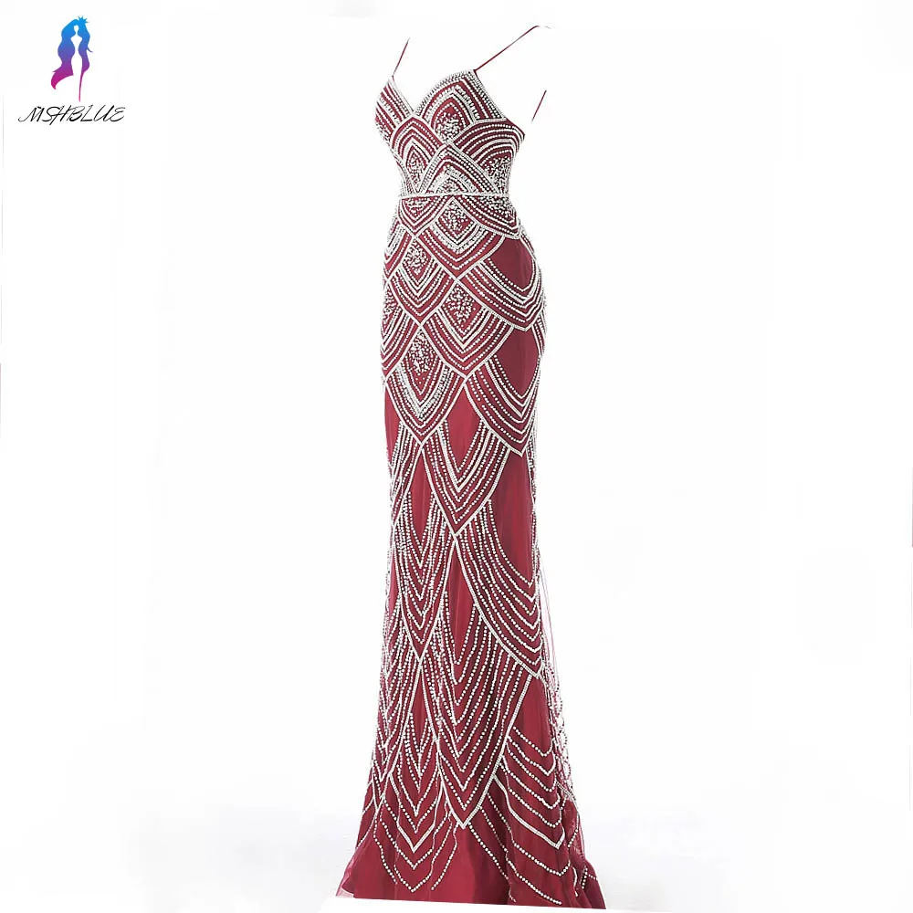 Robe De Soiree Сексуальные Серебряные Кристаллы Вечерние платья Длинные ремни Спагетти Бисером официальное платье с юбкой-годе платья с открытой спиной MSHBLUE