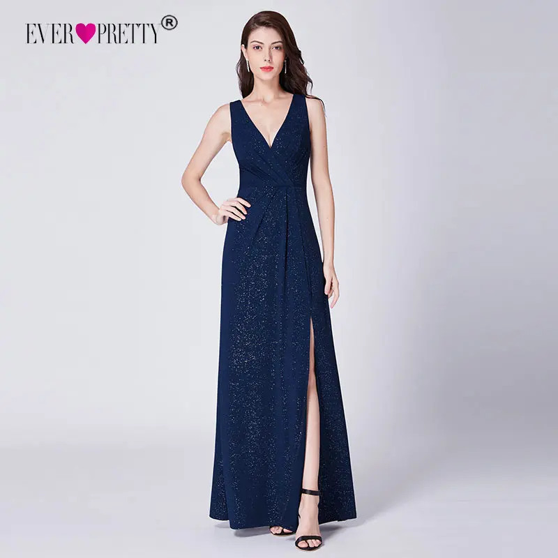 Navy Blue Вечерние платья Длинные Ever Pretty EP07505 А-силуэт Дешевые с v-образным вырезом Длинные с разрезом по бокам Длинные Сексуальные вечерние платья для женщин - Цвет: Navy Blue