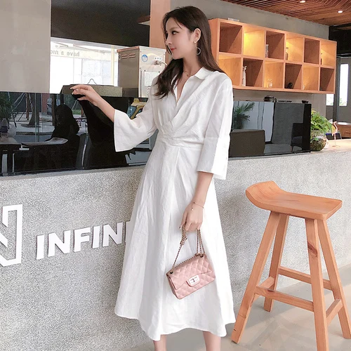 Корейское белое шифоновое платье женские элегантные с высокой талией Питер Пэн