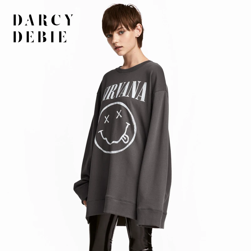 Darcydebie Brand Women Dark Grey Sweatshirts Letters Printed Long Line Female Casual Pullovers O-Neck Sleeve Lady Tops | Женская одежда